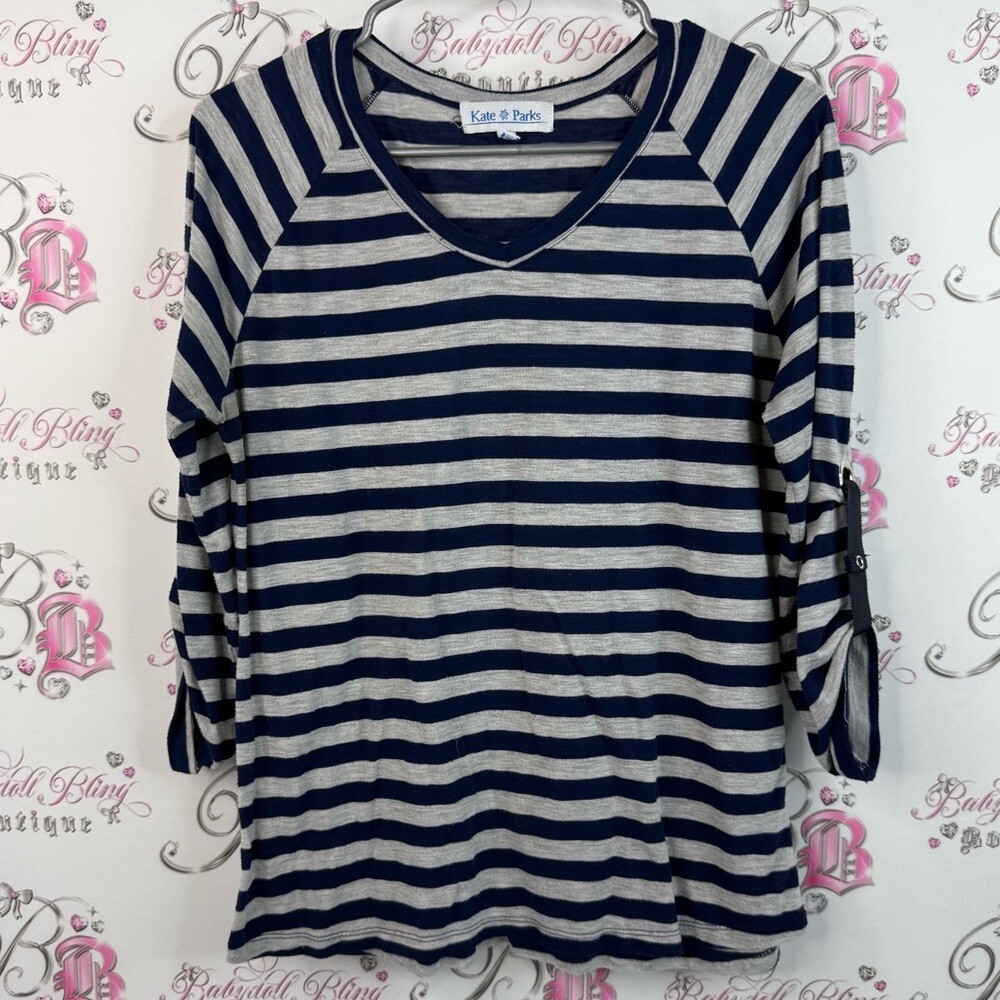 Kate & Parks top stripes blue Women's Navy and Gray Striped Long Sleeve Top